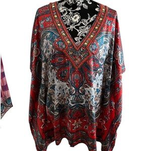 Chico’s S-M fits 10-12 beaded silk print cover up poncho style beaded detail